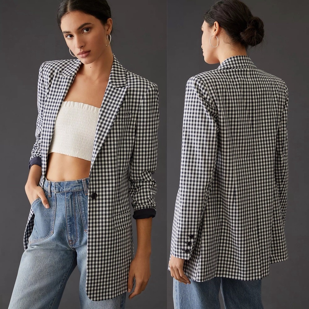 Favorite‎ Daughter Sz XS The Breakup Blazer Navy Gingham Mid-Length Cotton